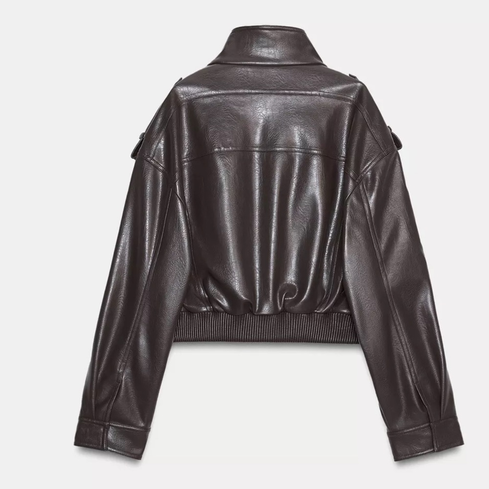 Zara Brown Vegan Leather Cropped Bomber Jacket xs - Picture 13 of 13